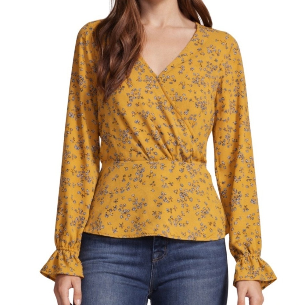Cupcakes and Cashmere Womens Mustard Yellow Floral Wrap Blouse Ruffle Cuff M